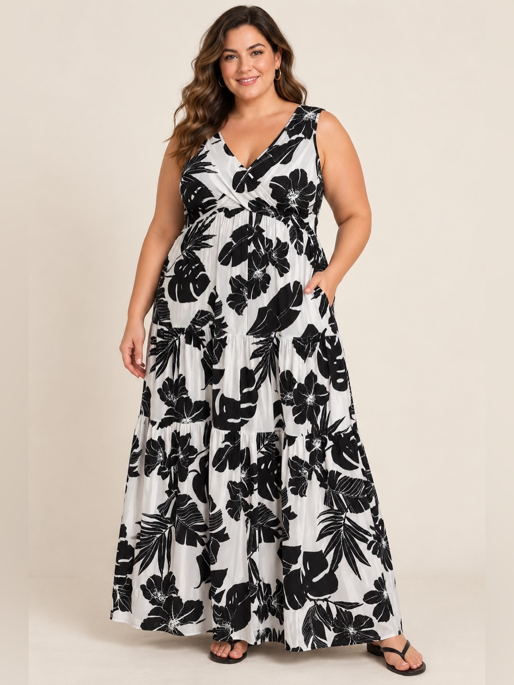 Curations Black & White Floral V-Neck Maxi Dress size 2X
